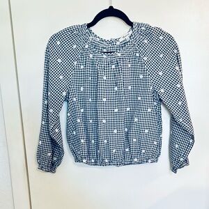 Madewell Blue/White Gingham Checked Blouse  White Embroidered Circles L/S XXS